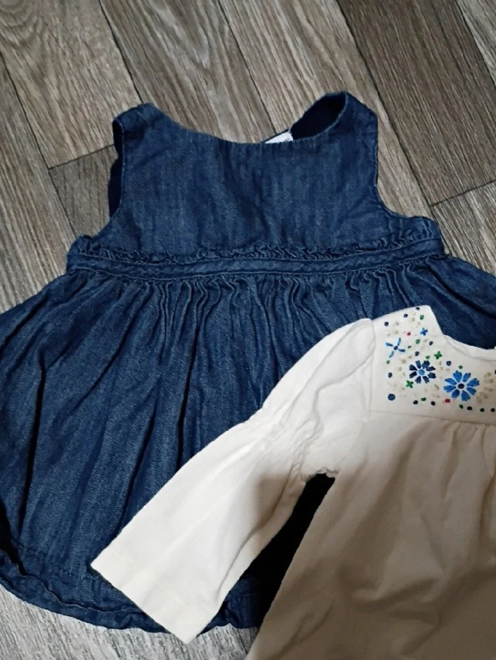 Girls Blue Denim Dress and White Embroidered Top Set - New